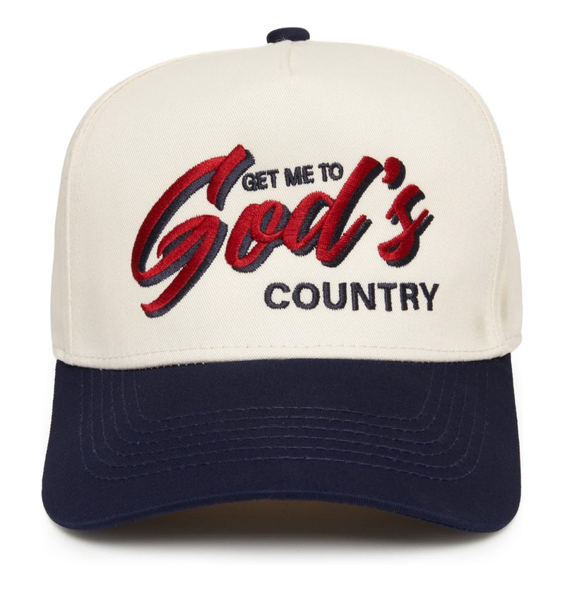 Funky Junque Two-Tone Canvas Snapback Baseball Cap - Get Me to God's Country - Navy/Beige - Image 1