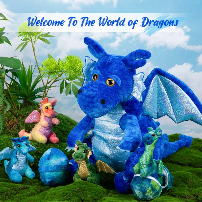 Arrowbash 7 Pcs Dragon Family Plush Toys Gift Set 15.75'' Large Mommy Dragon Stuffed Animal with 4 Baby Dragons and 2 Eggs Soft Glitter Blue Plush Get Well Gift for Birthday Christmas Holiday Playtime - Image 4