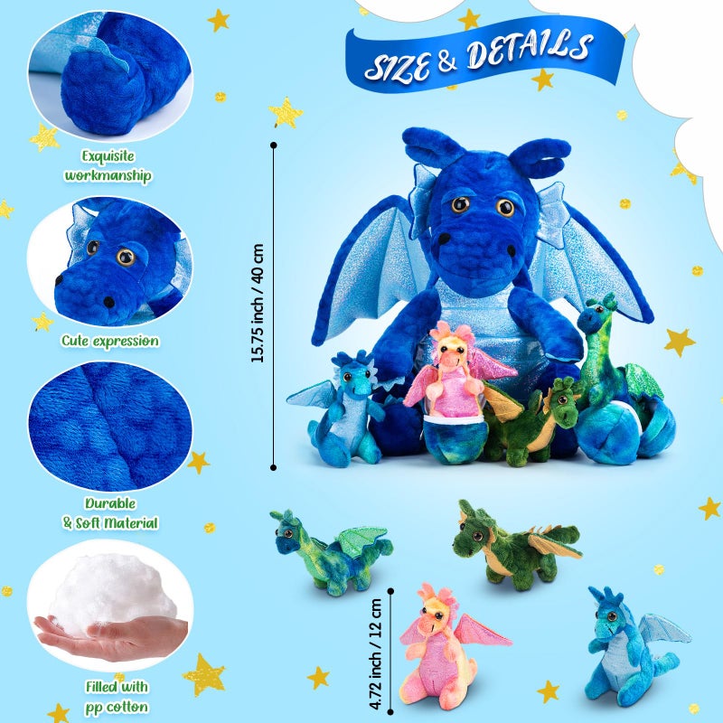 Arrowbash 7 Pcs Dragon Family Plush Toys Gift Set 15.75'' Large Mommy Dragon Stuffed Animal with 4 Baby Dragons and 2 Eggs Soft Glitter Blue Plush Get Well Gift for Birthday Christmas Holiday Playtime - Image 2