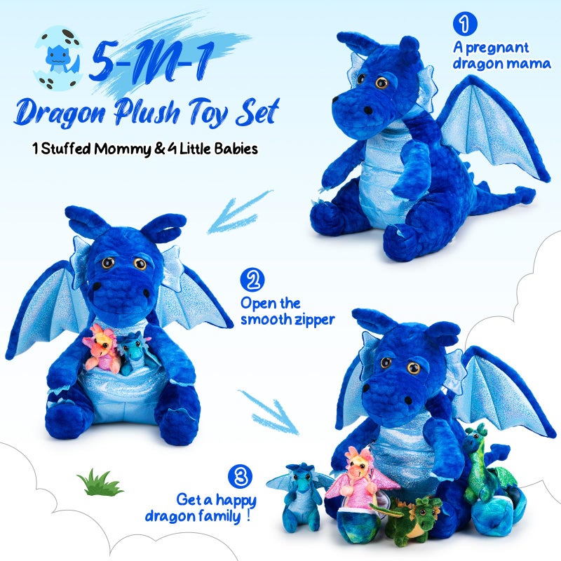 Arrowbash 7 Pcs Dragon Family Plush Toys Gift Set 15.75'' Large Mommy Dragon Stuffed Animal with 4 Baby Dragons and 2 Eggs Soft Glitter Blue Plush Get Well Gift for Birthday Christmas Holiday Playtime - Image 3