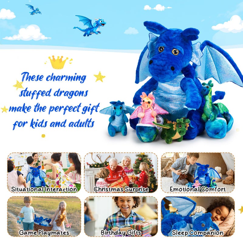Arrowbash 7 Pcs Dragon Family Plush Toys Gift Set 15.75'' Large Mommy Dragon Stuffed Animal with 4 Baby Dragons and 2 Eggs Soft Glitter Blue Plush Get Well Gift for Birthday Christmas Holiday Playtime - Image 5
