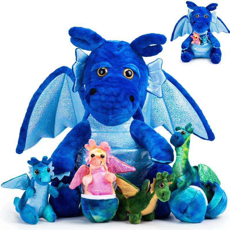 Arrowbash 7 Pcs Dragon Family Plush Toys Gift Set 15.75'' Large Mommy Dragon Stuffed Animal with 4 Baby Dragons and 2 Eggs Soft Glitter Blue Plush Get Well Gift for Birthday Christmas Holiday Playtime - Image 1