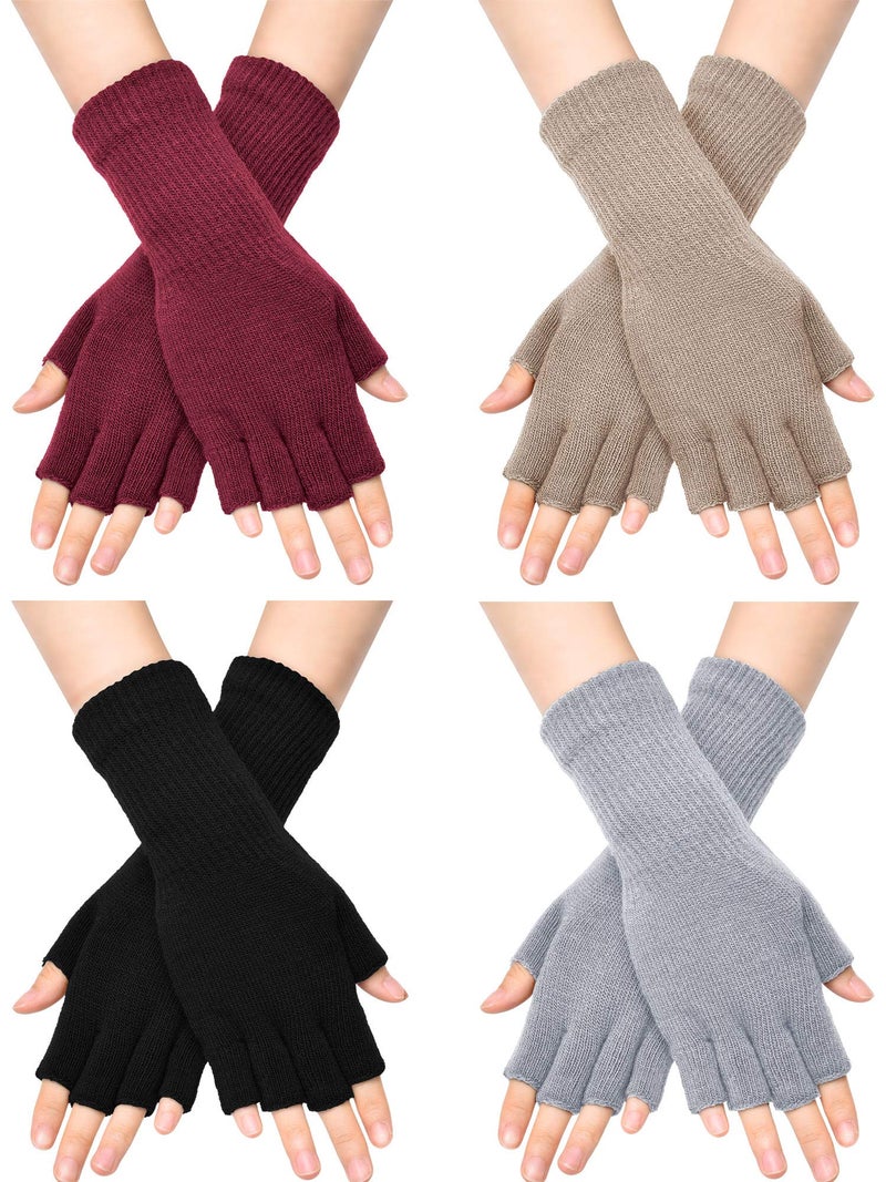 SATINIOR 4 Pairs Winter Fingerless Gloves for Women Half Finger Typing Gloves with Long Wrist Cuff Knit Fingerless Mittens for Women (Black,Light Grey,Light Tan,Wine Red) - Image 1