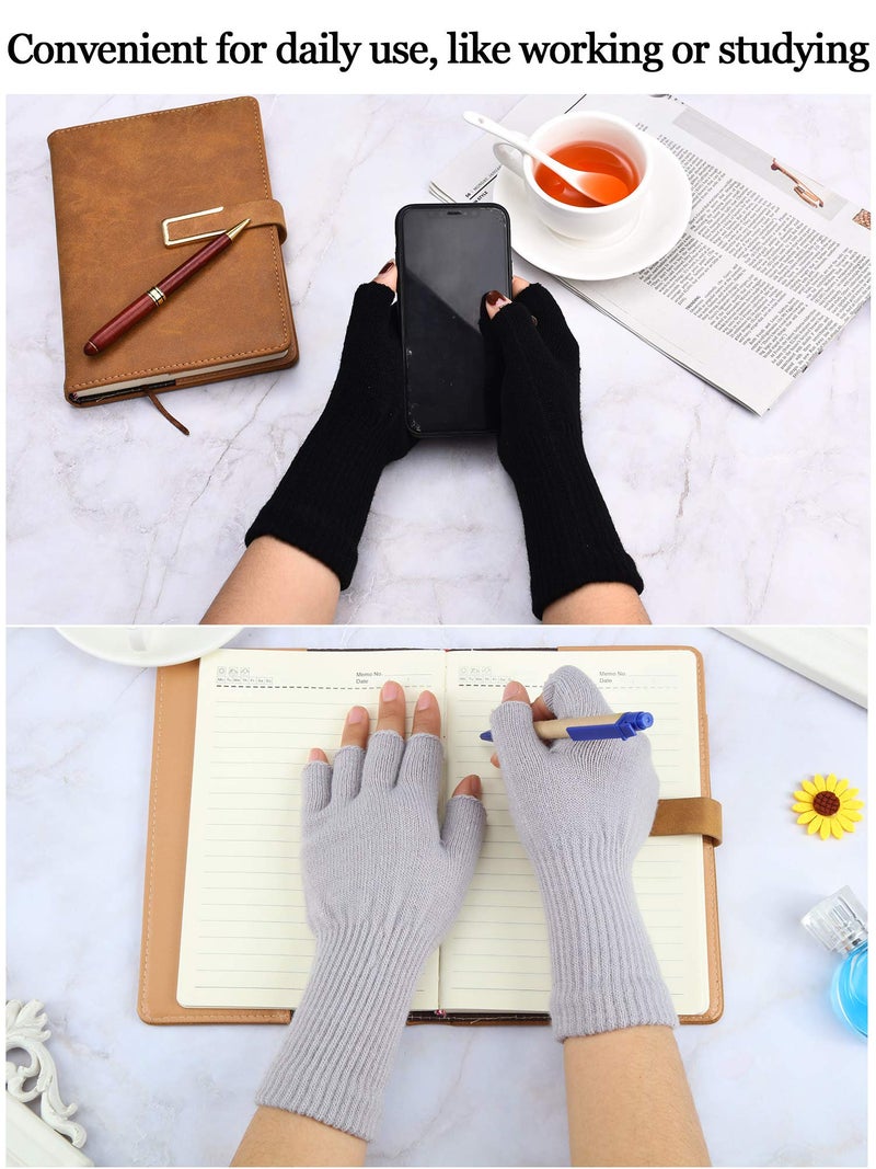 SATINIOR 4 Pairs Winter Fingerless Gloves for Women Half Finger Typing Gloves with Long Wrist Cuff Knit Fingerless Mittens for Women (Black,Light Grey,Light Tan,Wine Red) - Image 5