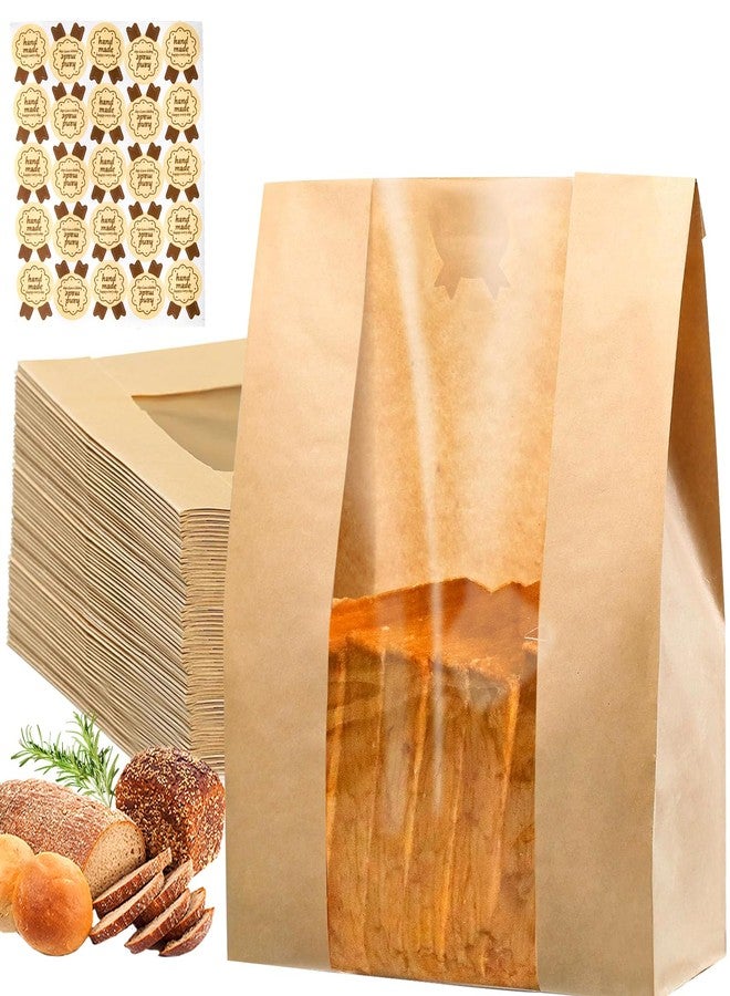 INFTYLE 100Packs Sourdough Bread Bags for Homemade Bread, Brown Paper Food Storage Bags with Clear Window Includes Label Seal Stickers,Bakery Packaging Bags Large 13.7x8.2x3.5inch - Image 1