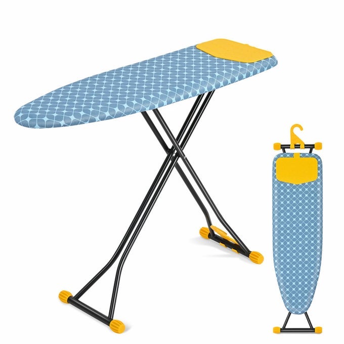 IRONING BOARD WITH IRON REST COMPACT AND SPACE SAVER IRON BOARD EXTRA THICK COVER HEIGHT ADJUSTABLE WALL MOUNT CLOSET HANGER 13X43 YELLOW