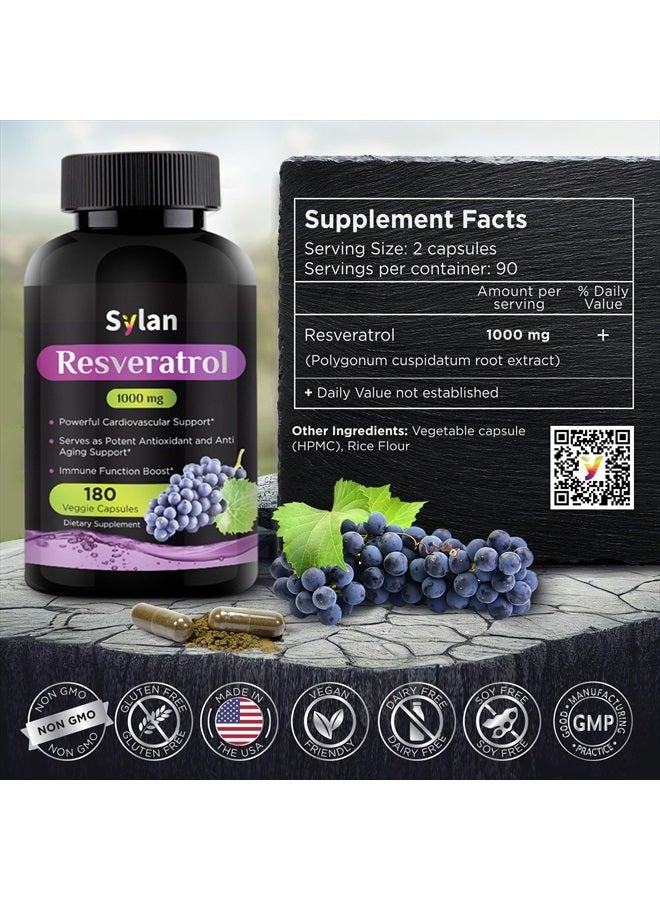 SYLAN Trans Resveratrol Supplement 1000mg 180 Capsules Antioxidant Anti Aging Designed to Support in Cases of Heart Health, Joint and Brain Function & Immune System Health Veggie Non-GMO Made in USA - Image 2