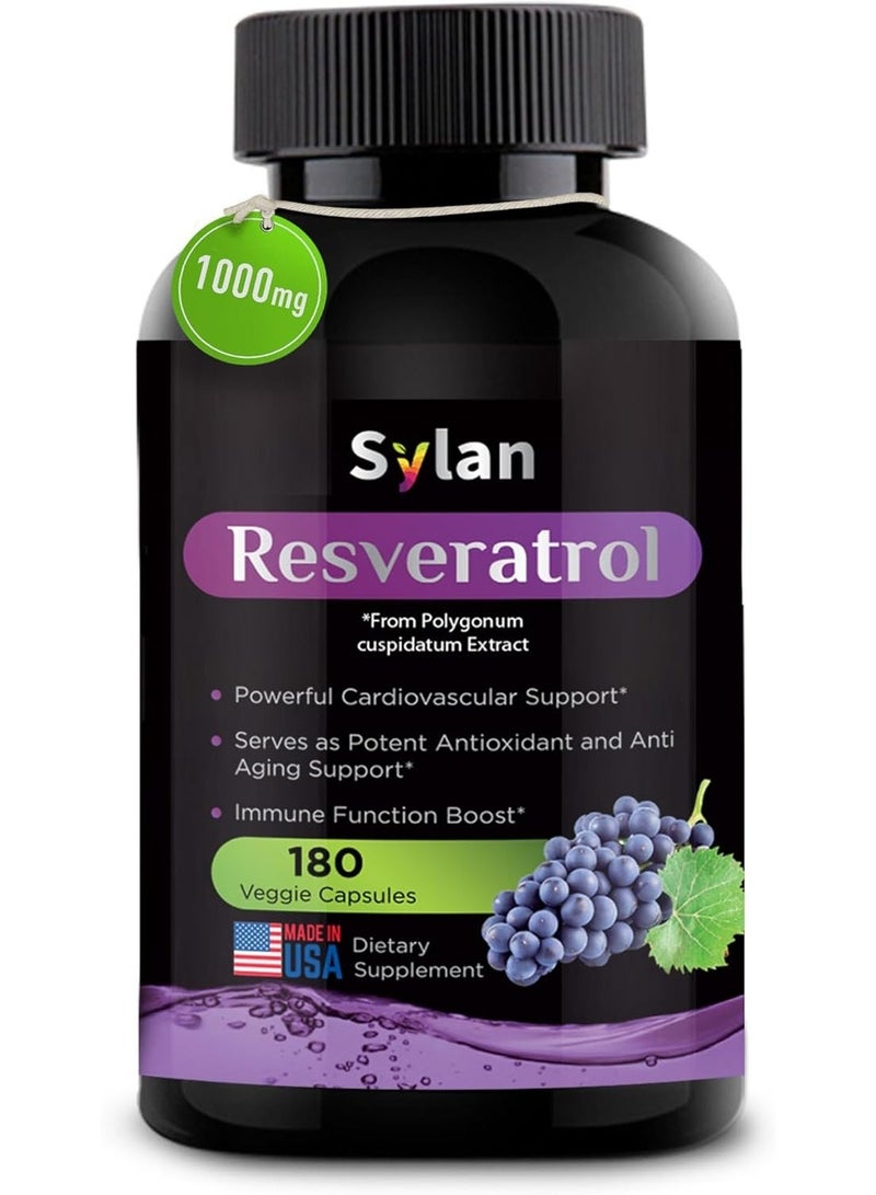 SYLAN Trans Resveratrol Supplement 1000mg 180 Capsules Antioxidant Anti Aging Designed to Support in Cases of Heart Health, Joint and Brain Function & Immune System Health Veggie Non-GMO Packaging May Vary - Image 1