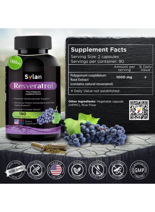 SYLAN Trans Resveratrol Supplement 1000mg 180 Capsules Antioxidant Anti Aging Designed to Support in Cases of Heart Health, Joint and Brain Function & Immune System Health Veggie Non-GMO Packaging May Vary - Image 2