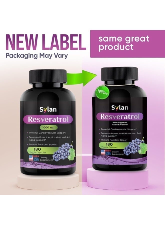 SYLAN Trans Resveratrol Supplement 1000mg 180 Capsules Antioxidant Anti Aging Designed to Support in Cases of Heart Health, Joint and Brain Function & Immune System Health Veggie Non-GMO Packaging May Vary - Image 3