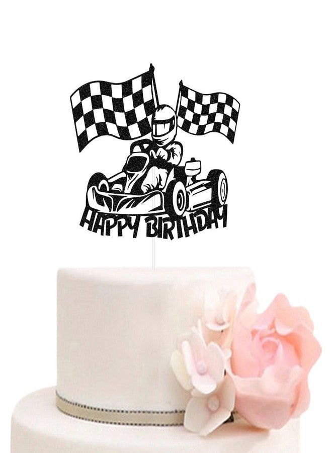 ZLPDS Happy Birthday Cake Topper, Race Car Cake Toppers, Racing Car Checkered Flag Themed Kids Boys Girls Birthday Party Decoration Black Glitter - Image 1