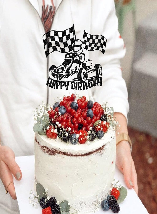 ZLPDS Happy Birthday Cake Topper, Race Car Cake Toppers, Racing Car Checkered Flag Themed Kids Boys Girls Birthday Party Decoration Black Glitter - Image 4
