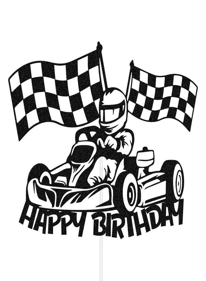 ZLPDS Happy Birthday Cake Topper, Race Car Cake Toppers, Racing Car Checkered Flag Themed Kids Boys Girls Birthday Party Decoration Black Glitter - Image 3