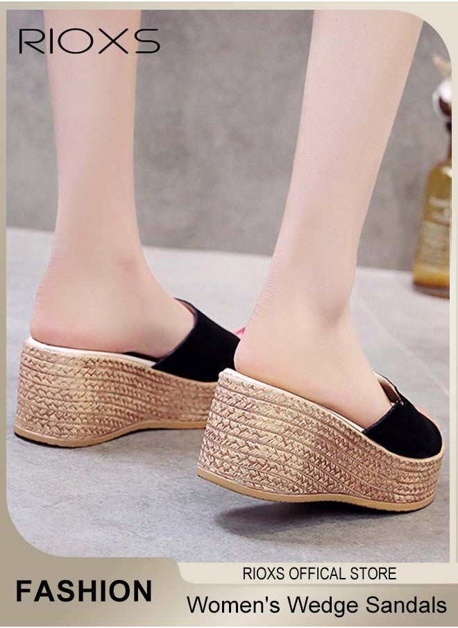 RIOXS Women's Casual Wedge Slipper, Open Toe Suede Platform Sandal, Comfort Slip On Wedge Sandals, Fashion Platform Shoes, Non Slip Thick Sole Sandals With Arch Support, Beach Slide For Indoor Or Outdoor Use  - Image 5