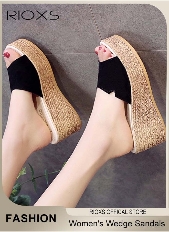 RIOXS Women's Casual Wedge Slipper, Open Toe Suede Platform Sandal, Comfort Slip On Wedge Sandals, Fashion Platform Shoes, Non Slip Thick Sole Sandals With Arch Support, Beach Slide For Indoor Or Outdoor Use  - Image 4