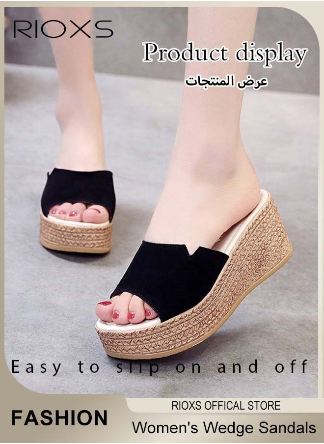 RIOXS Women's Casual Wedge Slipper, Open Toe Suede Platform Sandal, Comfort Slip On Wedge Sandals, Fashion Platform Shoes, Non Slip Thick Sole Sandals With Arch Support, Beach Slide For Indoor Or Outdoor Use  - Image 1
