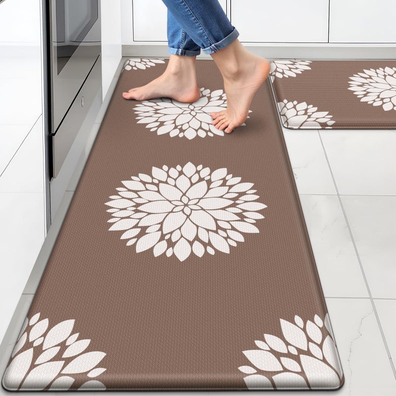 DailyCuddles Kitchen Mats for Floor [2PCS], Soft Anti Fatigue Kitchen Rugs for Home, Water Resistant Cushioned Standing Desk Mats, Non-Slip Comfort Mat for Floor, Kitchen, Office, Sink, Laundr, Brown - Image 1