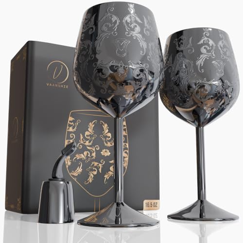 vaanshie Mothers Day Gift for Mom Set of 2 glossy black Stainless Steel Wine Glasses 17oz Engraved Goblets with Bottle Stopper Unbreakable Elegant Wine Cups Gift for Women Wife Mom Sister - Image 1