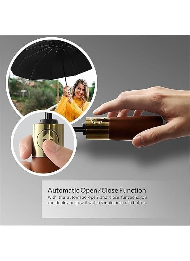Large automatic folding umbrella, large umbrella surface, luxurious wooden handle, UV protection, windproof, suitable for rainy and sunny days