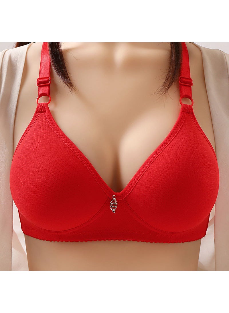 Generic - Pure Cotton Breathable Comfortable Bralette Middle-aged Elderly Ladies No Steel Ring Three-row Buckle Round Bowl Cup Red - Image 1