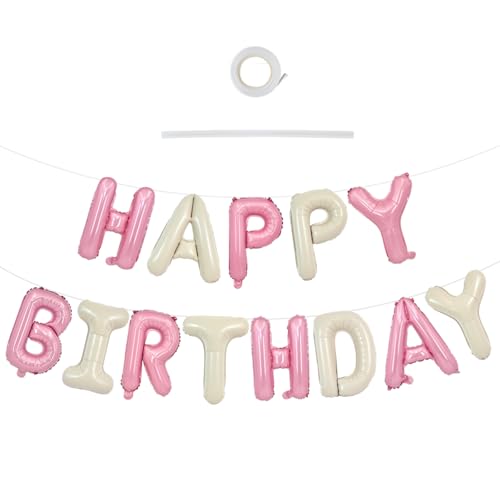 TONIFUL Happy Birthday Balloons with Ribbon Straw 16 Inch Mylar Letters Balloons Sign Banner Bunting Reusable for Girls Boys Kids Adults Party Decorations SuppliesCream White Pink - Image 1