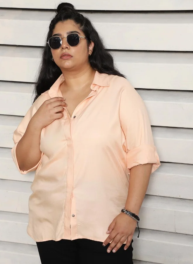 HIGH STAR Women's Orange Rayon Solid Pattern Button Down Relaxed Shirt