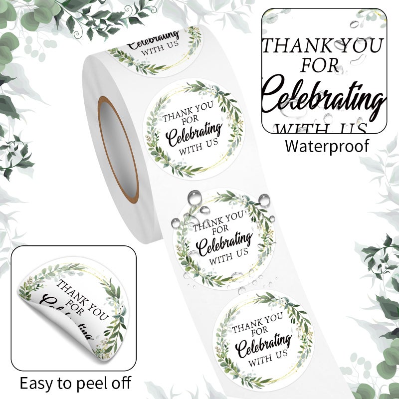 Acetiamin 500Pcs 1.5Inch Thank You for Celebrating with Us Sticker Roll, Greenery Round Stickers for Decorating Wedding, Baby Shower, Thank You Party Favors - Image 3