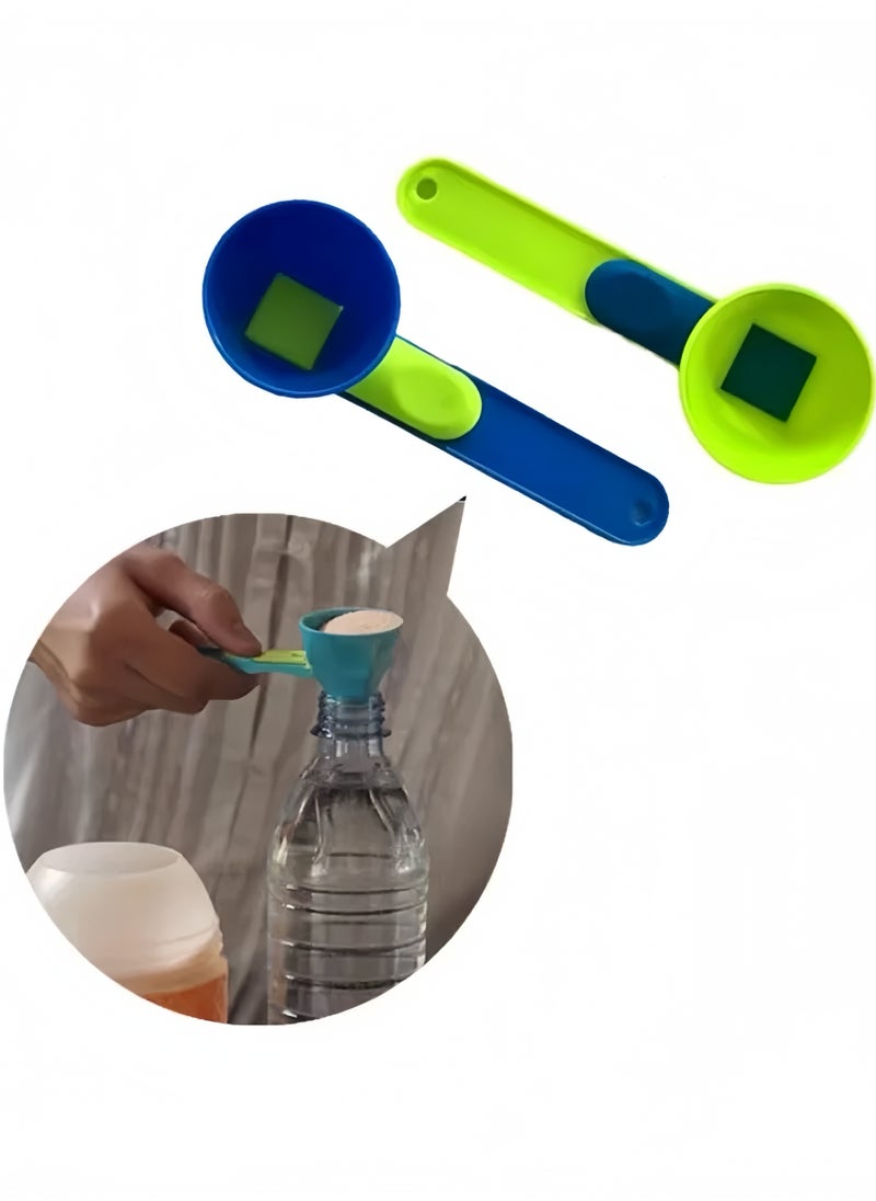 Lee Yon 2-Piece Multi-Purpose Scoop with Built-In Funnel, No Residue Funnel Measuring Spoon Set, Anti-Spill, Portabe, Adjustable for Milk Powder, Green/Blue  - Image 1