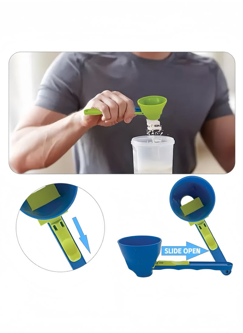 Lee Yon 2-Piece Multi-Purpose Scoop with Built-In Funnel, No Residue Funnel Measuring Spoon Set, Anti-Spill, Portabe, Adjustable for Milk Powder, Green/Blue  - Image 2