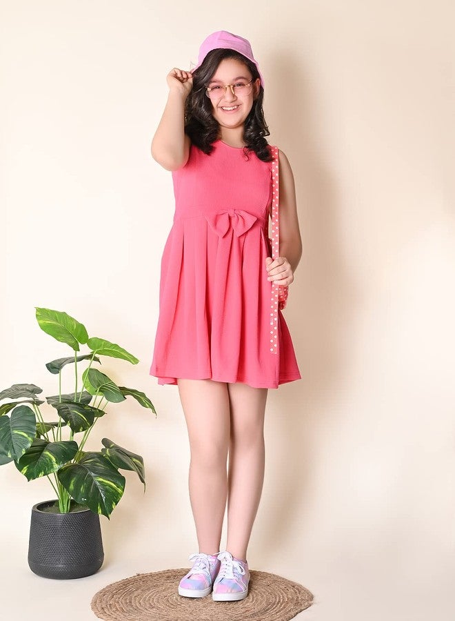 LILPICKS Girls Solid Above Knee Bow Design Fit n Flare Dress (Pink) (12-13Y) - Image 3