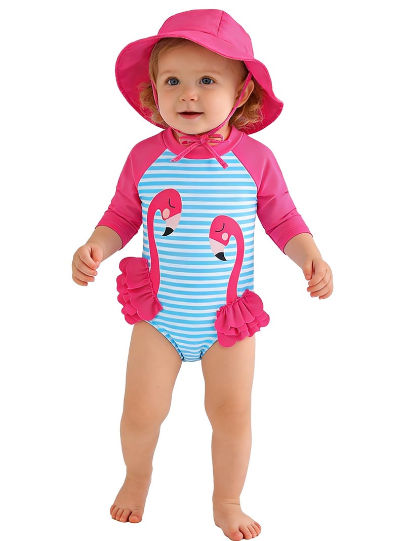 WOLBAY Baby Girl Swimsuit Long Sleeve One Piece Rash Guard with Sun Hat Zipper Bathing Suit Size 0-2T (US, Age, 6 Months, 12 Months, Flamingo) - Image 1