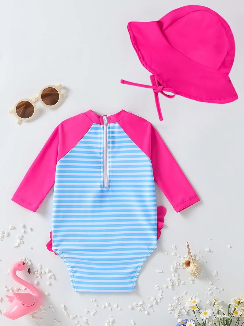 WOLBAY Baby Girl Swimsuit Long Sleeve One Piece Rash Guard with Sun Hat Zipper Bathing Suit Size 0-2T (US, Age, 6 Months, 12 Months, Flamingo) - Image 4