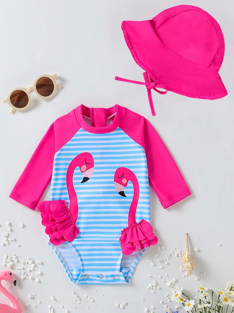 WOLBAY Baby Girl Swimsuit Long Sleeve One Piece Rash Guard with Sun Hat Zipper Bathing Suit Size 0-2T (US, Age, 6 Months, 12 Months, Flamingo) - Image 3