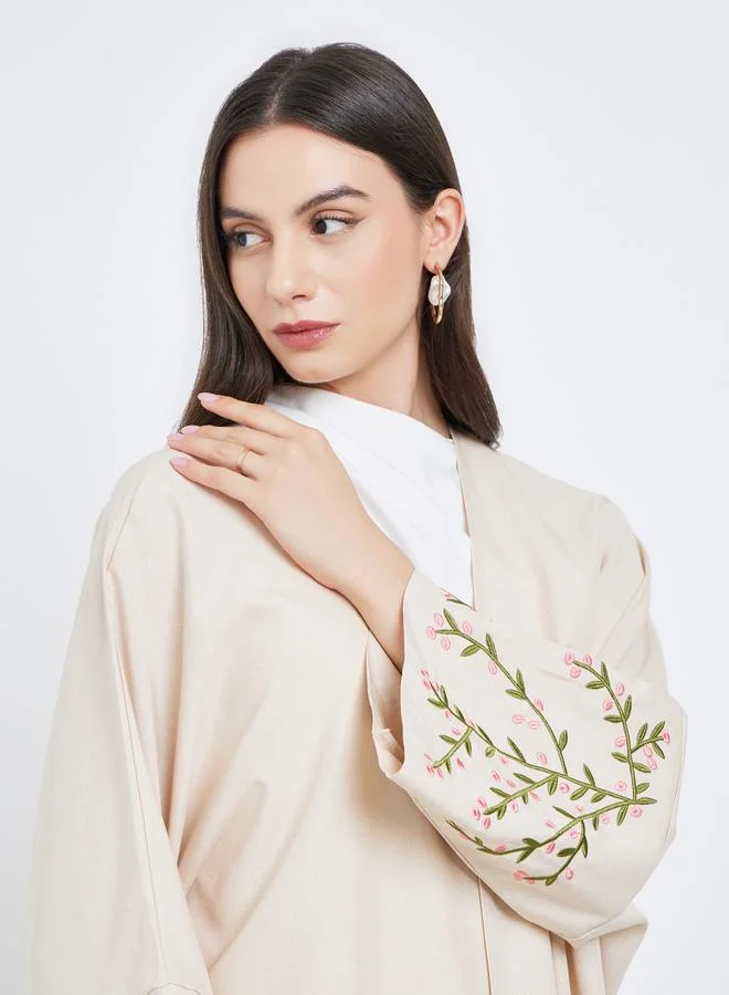 تايك تو Take Two Beige Open Front Embroidered Sleeve Abaya