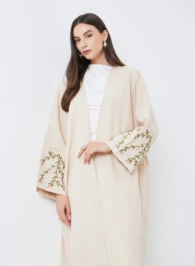 Take Two Take Two Beige Open Front Embroidered Sleeve Abaya