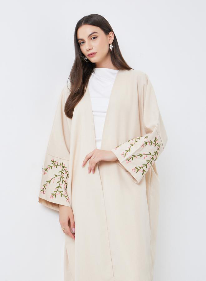 تايك تو عباية بيج مفتوحة بأكمام مطرزة - Image 1