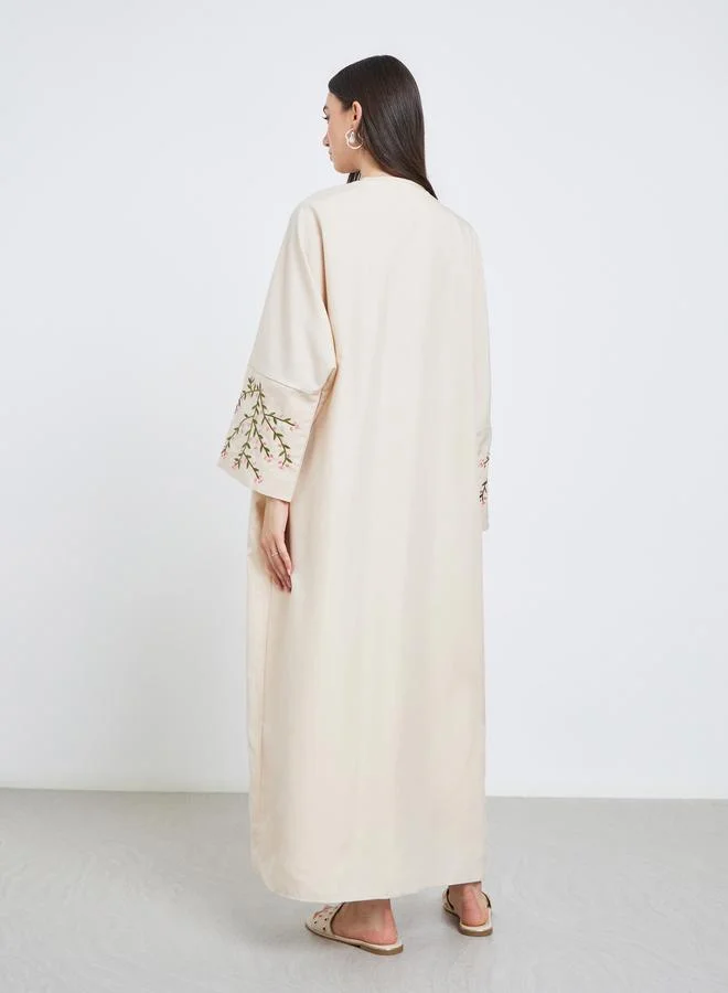 تايك تو Take Two Beige Open Front Embroidered Sleeve Abaya