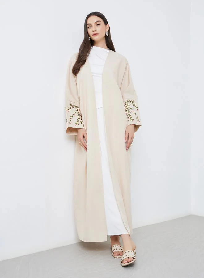 تايك تو Take Two Beige Open Front Embroidered Sleeve Abaya