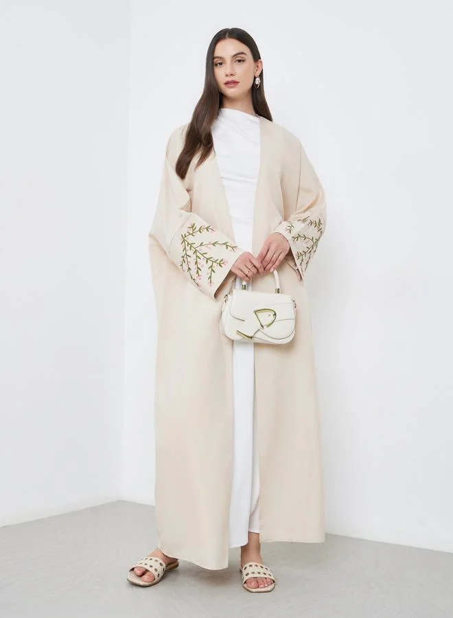 Take Two Take Two Beige Open Front Embroidered Sleeve Abaya