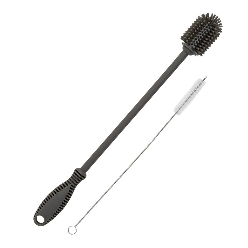Goodful Reusable Bottle and Straw Cleaning 2Piece Brush Set Scratch Free Silicone Bottle Cleaner and Bristle Wire Straw Cleaner Dishwasher Safe Gray