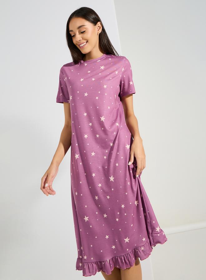 Styli Pack of 2 - Slogan  Ruffle Hem & AOP Star Sleep T-Shirt Dress  - Image 3