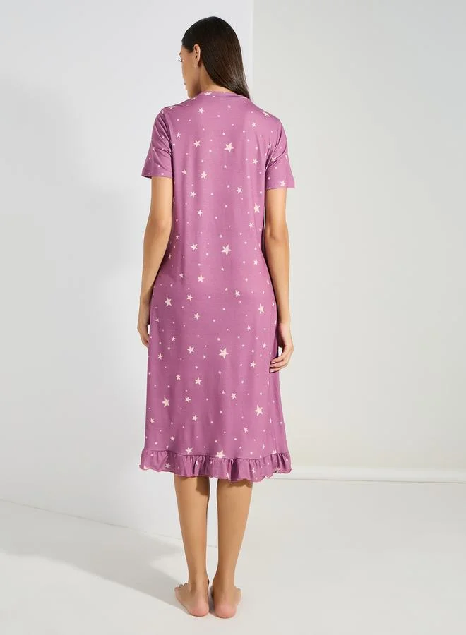Styli Pack of 2 - Slogan  Ruffle Hem & AOP Star Sleep T-Shirt Dress