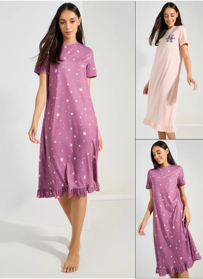 Styli Pack of 2 - Slogan  Ruffle Hem & AOP Star Sleep T-Shirt Dress