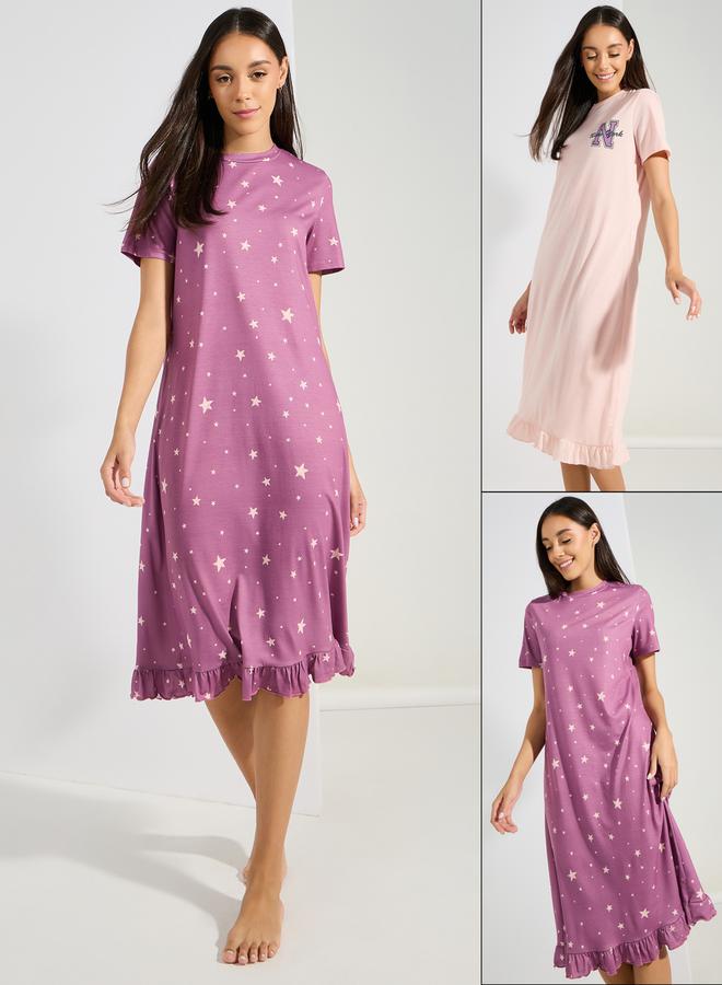Styli Pack of 2 - Slogan  Ruffle Hem & AOP Star Sleep T-Shirt Dress  - Image 1