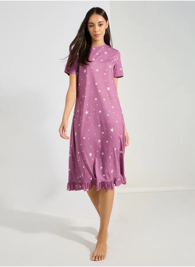 Styli Pack of 2 - Slogan  Ruffle Hem & AOP Star Sleep T-Shirt Dress