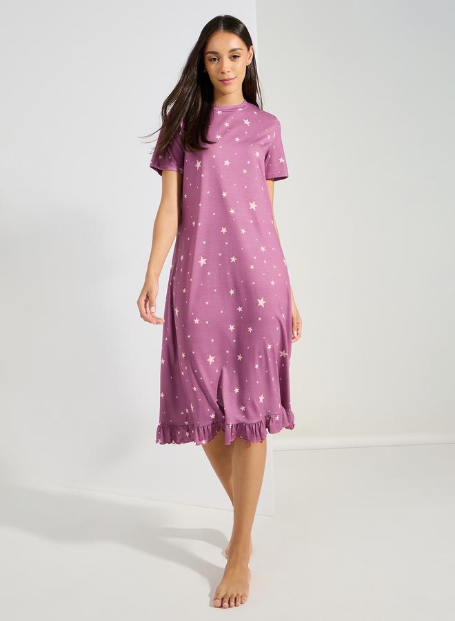Styli Pack of 2 - Slogan  Ruffle Hem & AOP Star Sleep T-Shirt Dress  - Image 2