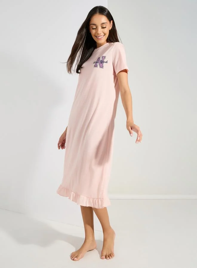 Styli Pack of 2 - Slogan  Ruffle Hem & AOP Star Sleep T-Shirt Dress