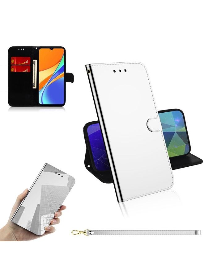 HuHa Case Cover For Xiaomi Redmi 9C Imitated Mirror Surface Horizontal Flip Leather Case with Holder & Card Slots & Wallet & Lanyard Silver 