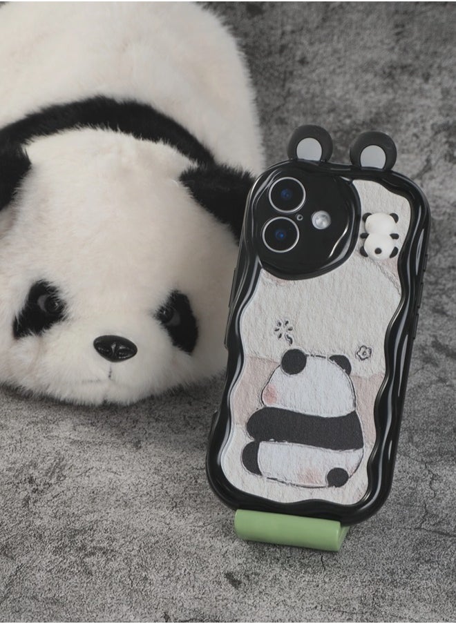 ShebSheb Cute Panda iPhone 16 Case Cartoon Animal 3D Ears Panda Wavy Edge Protector,Soft Silicone Back Phone Cover  - Image 3