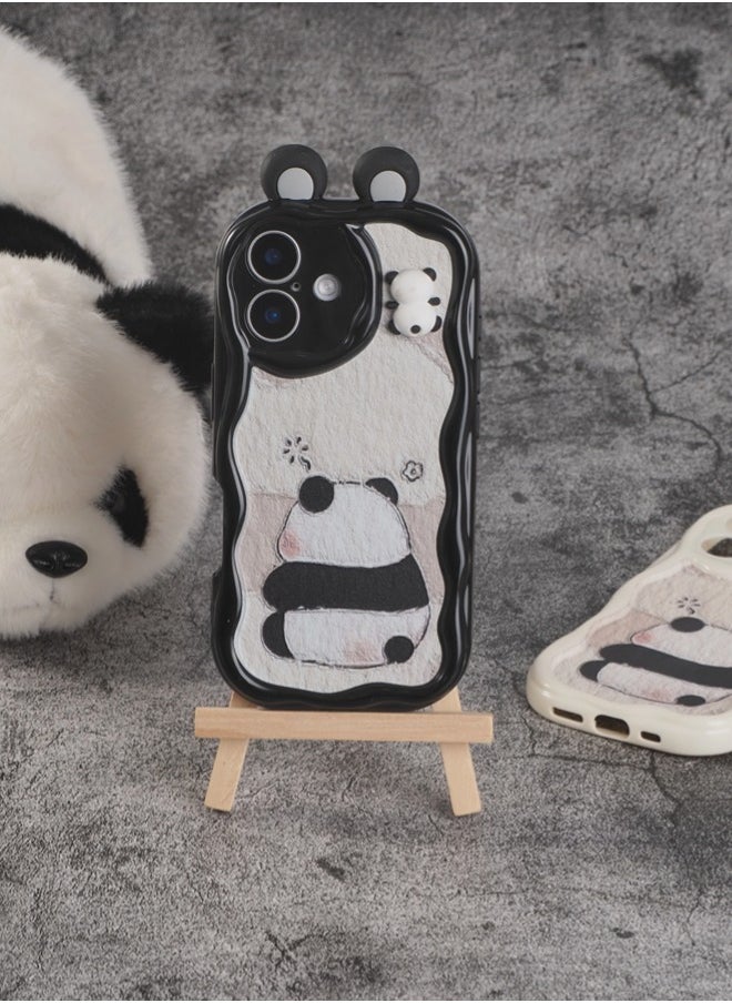 ShebSheb Cute Panda iPhone 16 Case Cartoon Animal 3D Ears Panda Wavy Edge Protector,Soft Silicone Back Phone Cover  - Image 2